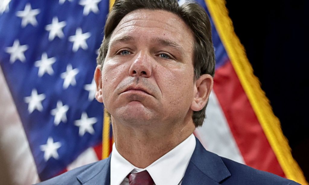 Ron DeSantis with his chin raised.