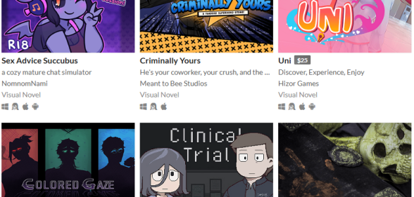 Six NSFW itch.io games including one called "sex advice succubus"