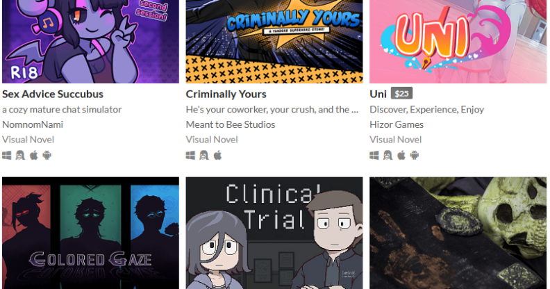 Six NSFW itch.io games including one called "sex advice succubus"