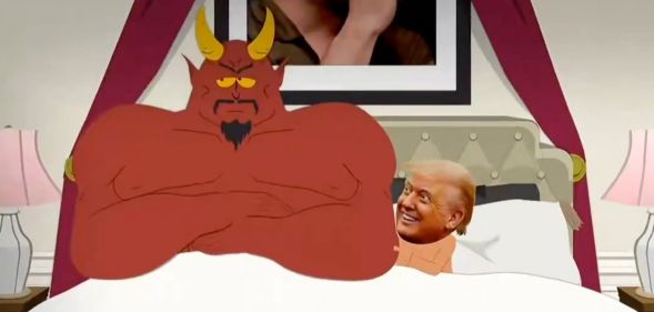 A still from South Park episode Sermon on the Mount featuring Donald Trump in bed with Satan