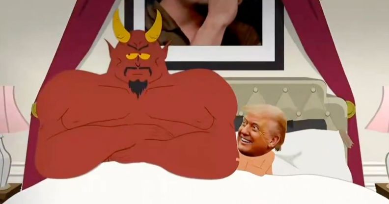 A still from South Park episode Sermon on the Mount featuring Donald Trump in bed with Satan
