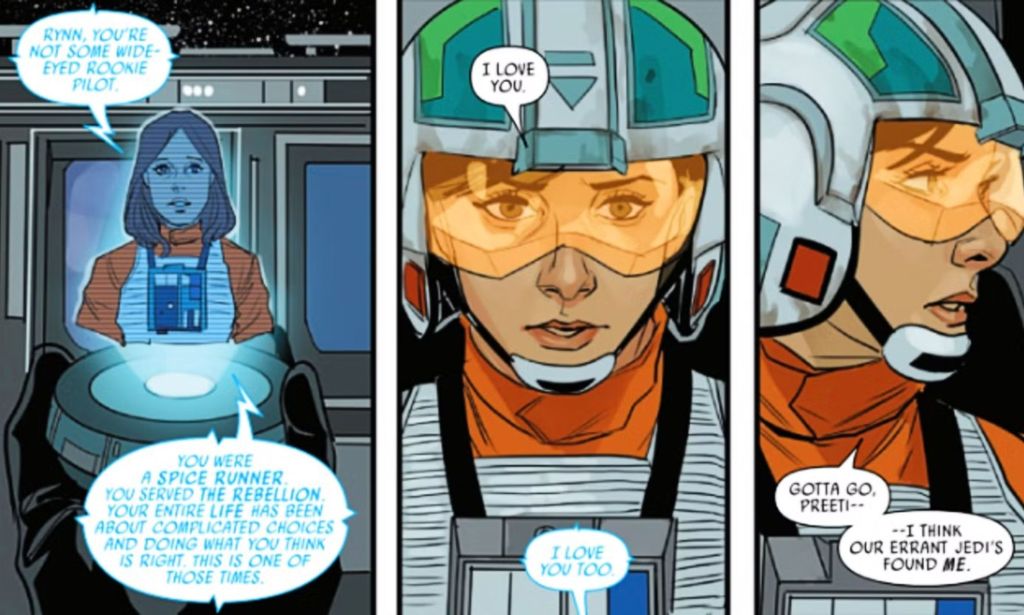 Rynn Zenat and Preeti Delmin sharing a touching moment in a comic book.