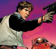 Artwork of Han Solo holding a space blaster.