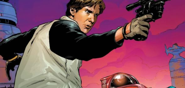 Artwork of Han Solo holding a space blaster.