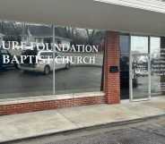 The front window of Sure Foundation Baptist Church in IN