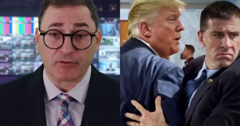 A split image of a fake newsreader and an edited photo of Donald Trump.