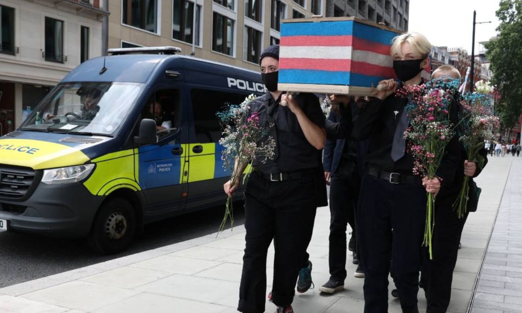 Members of Trans Kids Deserve Better carrying a coffin towards the Supreme Court in London. 