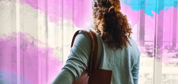 A teacher entering a classroom, with an edited trans gradient.