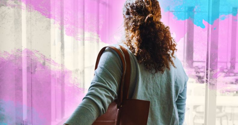 A teacher entering a classroom, with an edited trans gradient.