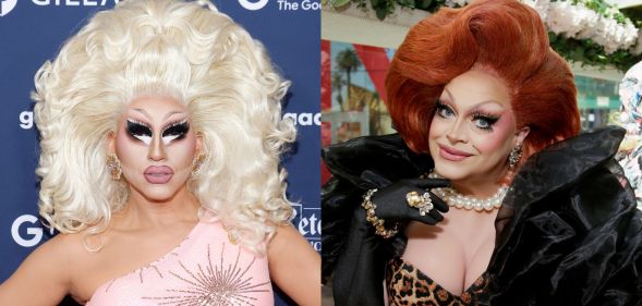 On the left, Trixie Mattel in a pink dress at a red carpet event. On the right, Ginger Minj in a leopard print dress with black shoulder piece and matching gloves, posing.