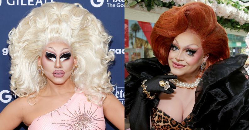 On the left, Trixie Mattel in a pink dress at a red carpet event. On the right, Ginger Minj in a leopard print dress with black shoulder piece and matching gloves, posing.
