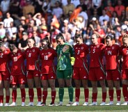 (From L) Wales' defender #06 Josephine Green, Wales' defender #02 Lily Woodham, Wales' midfielder #10 Jessica Fishlock, Wales' forward #11 Hannah Cain, Wales' defender #18 Esther Morgan, Wales' goalkeeper #01 Olivia Clark, Wales' defender #03 Gemma Evans, Wales' defender #05 Rhiannon Roberts, Wales' defender #14 Hayley Ladd, Wales' midfielder #07 Ceri Holland and Wales' midfielder #08 Angharad James team player ahead of the UEFA Women's Euro 2025 Group D football match