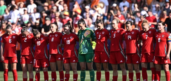 (From L) Wales' defender #06 Josephine Green, Wales' defender #02 Lily Woodham, Wales' midfielder #10 Jessica Fishlock, Wales' forward #11 Hannah Cain, Wales' defender #18 Esther Morgan, Wales' goalkeeper #01 Olivia Clark, Wales' defender #03 Gemma Evans, Wales' defender #05 Rhiannon Roberts, Wales' defender #14 Hayley Ladd, Wales' midfielder #07 Ceri Holland and Wales' midfielder #08 Angharad James team player ahead of the UEFA Women's Euro 2025 Group D football match