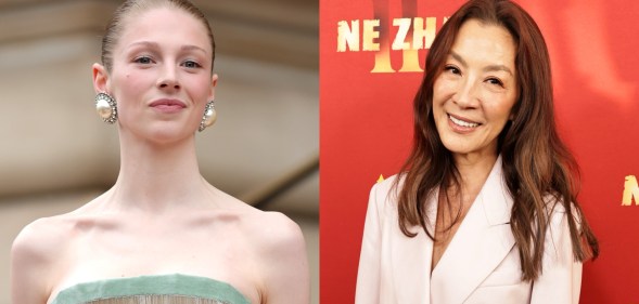 An image of Hunter Schafer with big pearl earings and a stripped velvet dress with metalic gold pins. Image of Michelle Yeoh in front of a red posted wearing a light pink suit jacket.