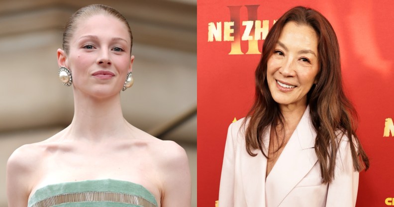 An image of Hunter Schafer with big pearl earings and a stripped velvet dress with metalic gold pins. Image of Michelle Yeoh in front of a red posted wearing a light pink suit jacket.