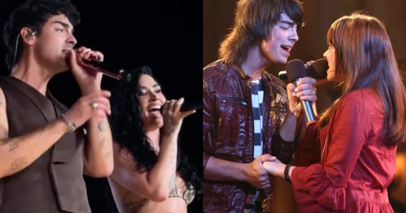 Two images: on the left is Joe Jonas and Demi Lovato from the recent Jonas Brothers concert singing. On the right is the pair, but younger, singing in Camp Rock.