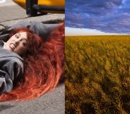 On the left, Chappell Roan looks angry as she lies on the ground attached to a yellow taxi cab. On the right, A nearly mature canola field at sunset, post bloom with pods beginning to dry out / near Ponteix, Saskatchewan, Canada