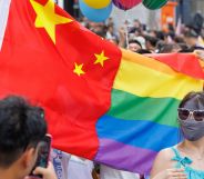 A half-Chinese, half-LGBTQ+ flag.