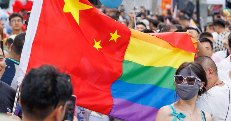 A half-Chinese, half-LGBTQ+ flag.