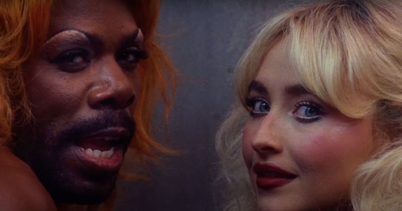 Colman Domingo in drag and Sabrina Carpenter in the latter's music video for Tears.