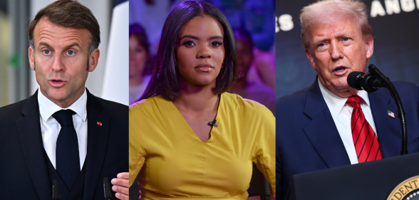 Composite image of Emmanuel Macron, Candace Owens and Donald Trump.