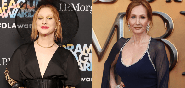 Split photo of Jinkx Monsoon and JK Rowling.