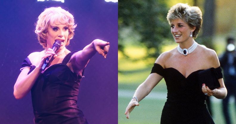 On the left, Divina De Campo performs as Princess Diana. On the right, Princess Diana in her revenge dress.