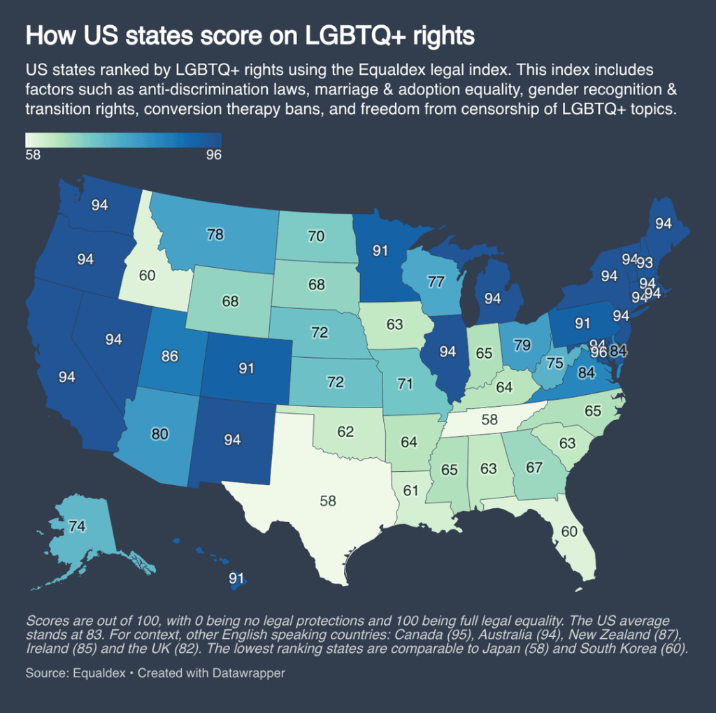 Equaldex's US state LGBTQ+ rights ranking map. 