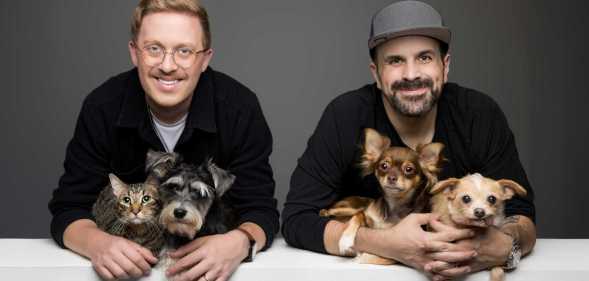 Founders Michel and Dillon with Gus the cat, Rosie, Maple and Napoleon