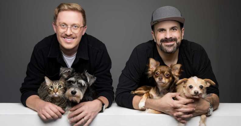 Founders Michel and Dillon with Gus the cat, Rosie, Maple and Napoleon