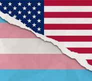 United States and trans flag ripped paper grunge background.