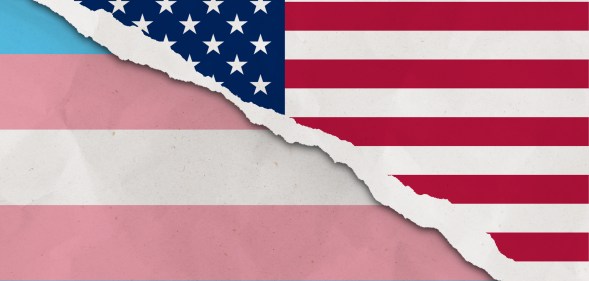 United States and trans flag ripped paper grunge background.