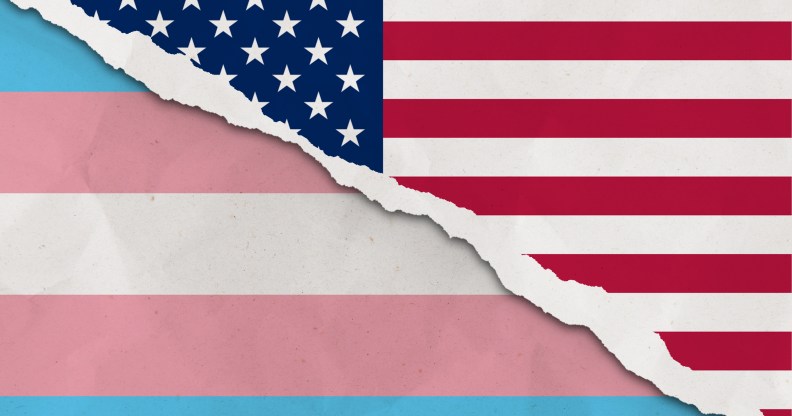 United States and trans flag ripped paper grunge background.
