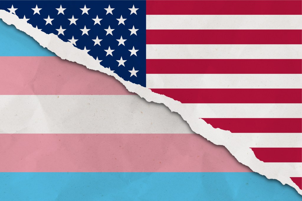 United States and trans flag ripped paper grunge background.