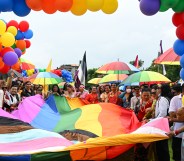 Members and supporters of the LGBTQ community take part in a Pride Parade in Kathmandu.