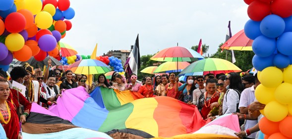 Members and supporters of the LGBTQ community take part in a Pride Parade in Kathmandu.