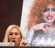 Subcommittee Chairwoman U.S. Rep. Marjorie Taylor Greene (R-SC) speaks in front of a photo of drag queen Lil Miss Hot Mess during a House Oversight and Government Reform Committee hearing at the U.S. Capitol on March 26, 2025 in Washington, DC.