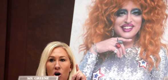 Subcommittee Chairwoman U.S. Rep. Marjorie Taylor Greene (R-SC) speaks in front of a photo of drag queen Lil Miss Hot Mess during a House Oversight and Government Reform Committee hearing at the U.S. Capitol on March 26, 2025 in Washington, DC.