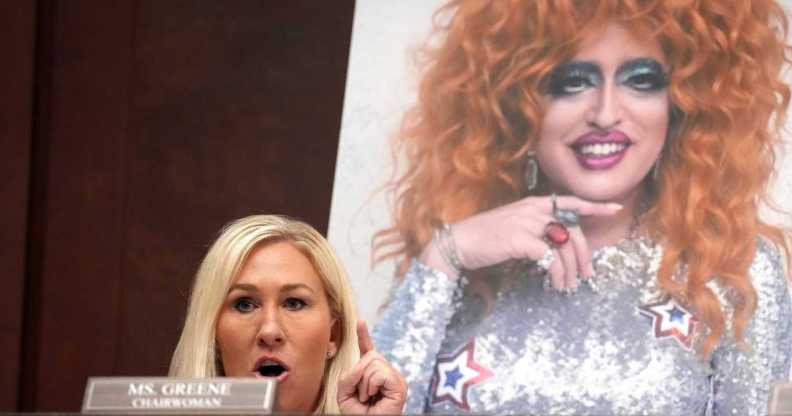 Subcommittee Chairwoman U.S. Rep. Marjorie Taylor Greene (R-SC) speaks in front of a photo of drag queen Lil Miss Hot Mess during a House Oversight and Government Reform Committee hearing at the U.S. Capitol on March 26, 2025 in Washington, DC.