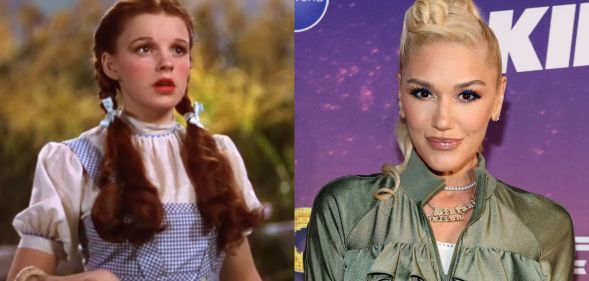 On the left, a young Judy Garland as Dorothy in The Wizard of Oz. On the right, Gwen Stefani smiles against a purple background whiel wearing a green jacket.