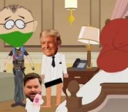 A still from 'Got A Nut' episode two of South Park season 27. It features JD Vance, Donald Trump, and Satan.