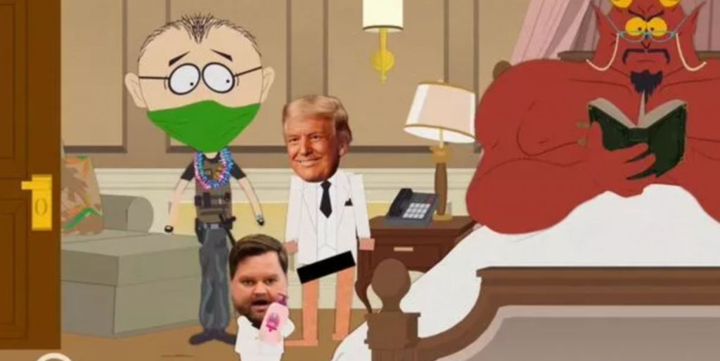 A still from 'Got A Nut' episode two of South Park season 27. It features JD Vance, Donald Trump, and Satan.