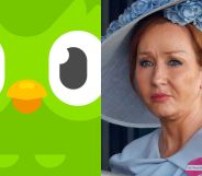 A split image of JK Rowling and the Duolingo owl.