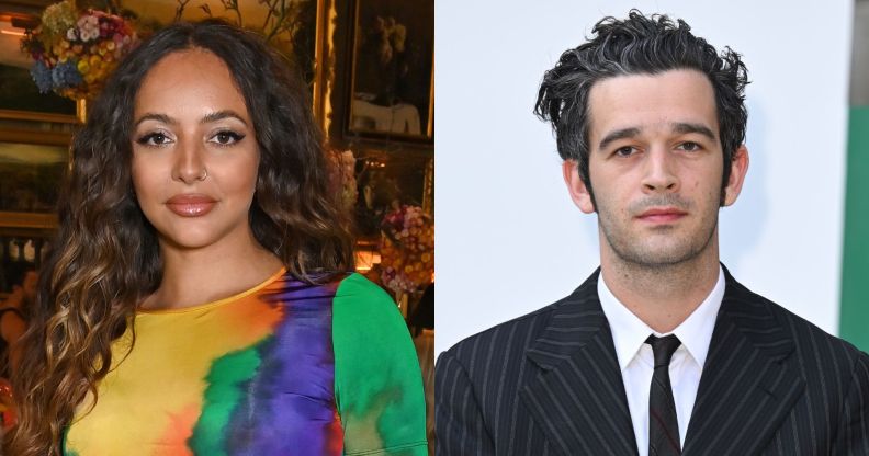 Jade Thirwall at an LGBTQ+ event in a colourful dress in 2023. On the right, Matty Healy at a separate event in a suit and tie.