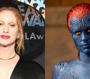 Jinkx Monsoon in black on a red carpet (left) and Mystique on the right