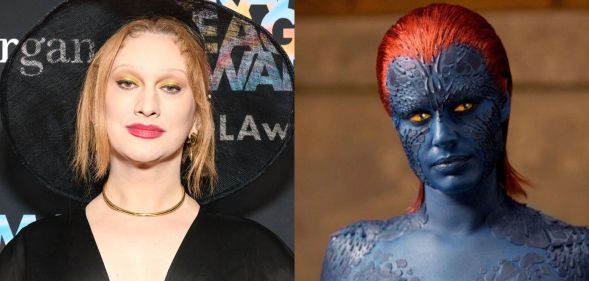 Jinkx Monsoon in black on a red carpet (left) and Mystique on the right