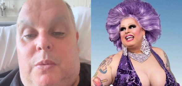 On the left, a screenshot from a video posted by Maxi Shield showing the star out of drag in a hospital bed. On the right, Maxi Shield smiling in a purple wig and dress for her Drag Race promo shoot.