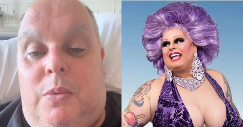 On the left, a screenshot from a video posted by Maxi Shield showing the star out of drag in a hospital bed. On the right, Maxi Shield smiling in a purple wig and dress for her Drag Race promo shoot.