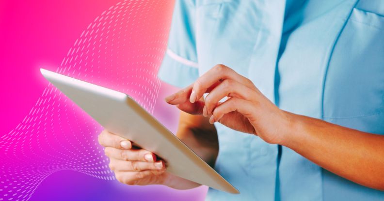 An NHS nurse on a tablet.