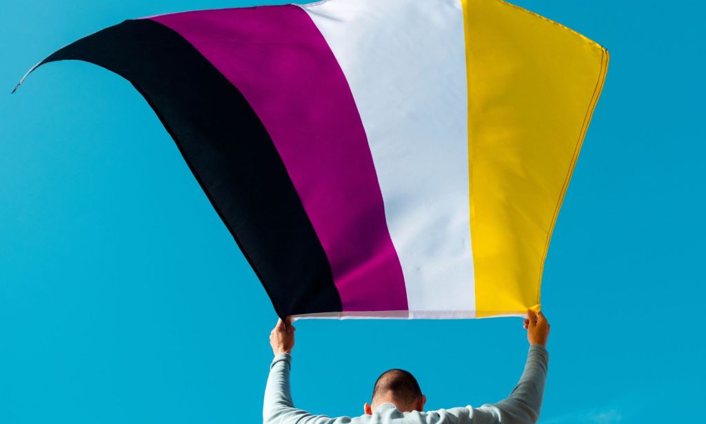 A person waving a non-binary flag.
